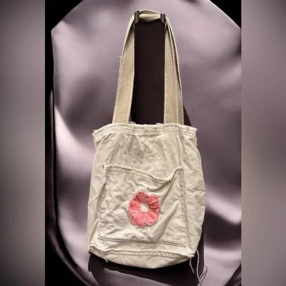 Thirsty one distressed denim Pink Flower Canvas Tote Bag no stains or wear